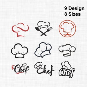 May include: A collection of nine graphic designs featuring chef hats, cooking utensils, and the word Chef in various black and red styles. The text 9 Design 8 Sizes is displayed in the upper right corner of this digital illustration set.