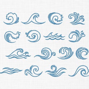 Peut inclure: Plusieurs motifs de vagues bleues de différents styles. Les motifs sont brodés sur un fond blanc texturé. Les vagues varient en taille et en forme, avec des crêtes bouclées et des creux doux.