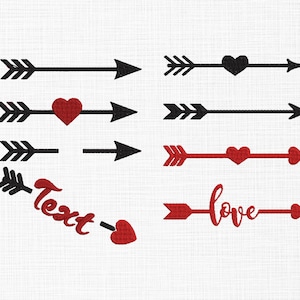 May include: A collection of arrow designs in black and red, some with heart accents. One arrow design includes the word "Text" and another includes the word "love". The arrows are set against a white background.