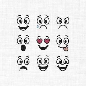 Könnte beinhalten: Neun gestickte Emoji-Gesichter mit verschiedenen Ausdrücken, darunter lächelnd, weinend, wütend, überrascht, verliebt, Zunge herausstreckend, traurig und glücklich. Die Emojis sind schwarz-weiß mit roten Herzen.