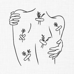 May include: A monochrome line drawing of a torso with arms embracing. Floral elements and sprigs are shown on the torso, each held in place with a plaster. The image has a minimalist style.