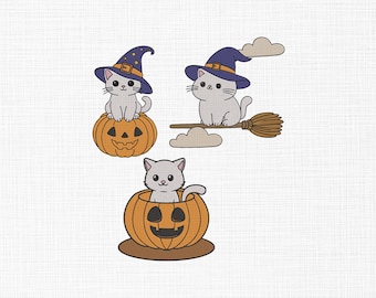 Halloween Witch Cat Embroidery Designs: Kitten on Pumpkin, Broomstick, Jack-o'-Lantern