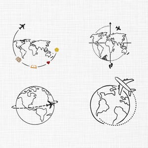 Puede incluir: Cuatro ilustraciones en blanco y negro con temática de viajes. Una muestra un mapa del mundo con un avión, una cámara, un libro, un corazón y una forma amarilla. Otra tiene una brújula y un avión sobre un mapa. Las otras dos muestran un globo terráqueo con un avión.