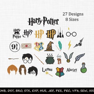 Może przedstawiać: Kolekcja 27 wzorów hafciarskich z motywem Harry'ego Pottera w 8 rozmiarach, zawierająca ikony takie jak herb Hogwartu, tiara przydziału, kociołek, złoty znicz, różdżki, okulary oraz różne sylwetki z napisem Harry Potter, Lumos, Always.