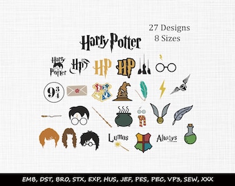 May include: A collection of 27 Harry Potter themed embroidery designs in 8 sizes, featuring icons like the Hogwarts crest, a sorting hat, a cauldron, a golden snitch, wands, glasses, and various character silhouettes with the text Harry Potter, Lumos, and Always.