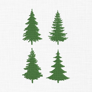 Könnte beinhalten: Vier grüne, gestickte Weihnachtsbaum-Designs auf weißem Hintergrund. Jeder Baum hat eine andere Form und einen anderen Stil mit detaillierten Nähten. Die Bäume sind gleichmäßig verteilt und quadratisch angeordnet.
