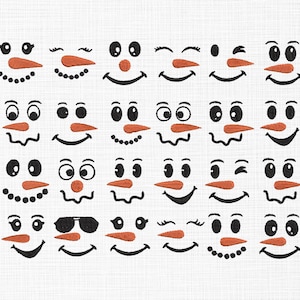May include: An assortment of embroidered snowman faces, each with a different expression. They all have black eyes, an orange carrot nose, and a black smiling mouth. Some faces are winking or wearing sunglasses.