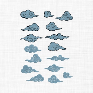 May include: Embroidered cloud designs in various shapes and sizes. Each cloud is a soft blue colour with a black outline, creating a whimsical and decorative effect. The clouds are arranged on a white background.