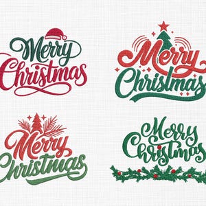 Peut inclure: Quatre motifs festifs "Joyeux Noël" en script rouge et vert. Un motif présente un bonnet de Père Noël, un autre un sapin de Noël et un troisième avec des branches de pin. Le quatrième motif a une guirlande de verdure et de baies.