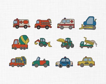 Paquete de diseños de bordado de vehículos: coches, camiones, maquinaria de construcción, archivos de bordado a máquina para niños, descarga digital.