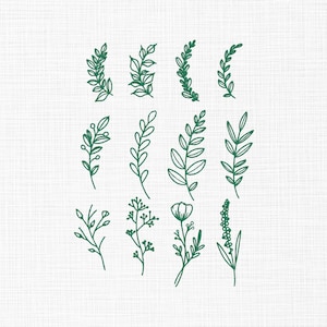May include: A collection of green botanical illustrations, including various leaf and floral designs, are displayed against a white textured background. The drawings feature delicate lines and varying shapes, creating a natural and artistic aesthetic. The illustrations are suitable for crafting or design projects.