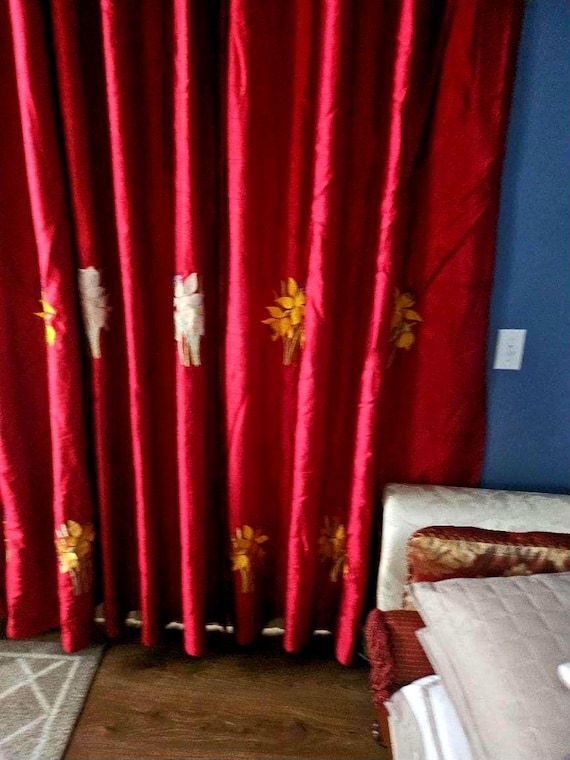 Custom Embroidered Red Curtains with Floral Detail – Made to Order