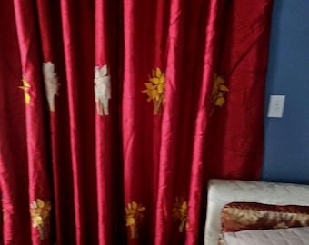 Custom Embroidered Red Curtains with Floral Detail – Made to Order