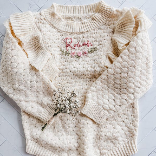Suéter de bebé personalizado con volantes: algodón bordado a mano, talla 3M