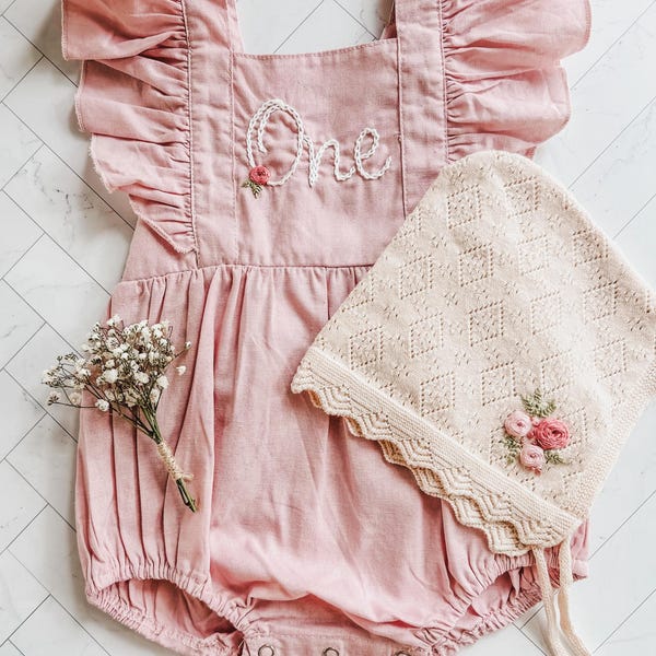 Pelele vintage de lino y algodón para bebé niña, primer cumpleaños