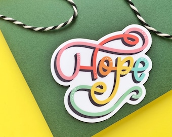 Hope - Rainbow Block Script Hand lettered 3" x 2.93" Vinyl Sticker, Weatherproof Laptop, Water bottle, Journal Sticker, Inspirational quote