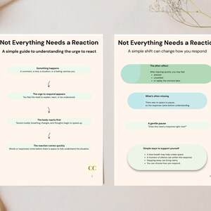Könnte beinhalten: Zweiseitiger Druck mit dem Titel "Not Everything Needs a Reaction", der Anleitungen zur Bewältigung von Reaktionen bietet. Die erste Seite umreißt den Reaktionsprozess, die zweite bietet Lösungen. Die Seiten sind hellbeige mit grünen und blauen Akzenten.