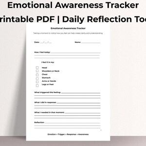 Könnte beinhalten: Ein druckbares PDF mit dem Titel "Emotional Awareness Tracker | Daily Reflection Tool". Das weiße Dokument enthält Aufforderungen zur Selbstreflexion, wie z. B. "Wie fühle ich mich heute" und "Was hat dieses Gefühl ausgelöst?" Das Dokument enthält auch den Text "Emotion + Trigger + Response + Awareness."