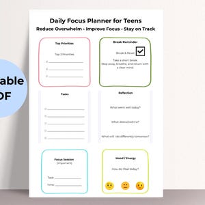 Planejador de foco diário para adolescentes | Reduza a sobrecarga e melhore o foco | Planejador de estudos para imprimir | Produtividade para adolescentes | Download instantâneo