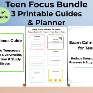 Könnte beinhalten: Ein 3-in-1 druckbares Set bestehend aus einem Fokus-Leitfaden für Teenager, einem täglichen Planer mit Aufgaben- und Reflexionsbereichen sowie einem Prüfungs-Ruhe-Leitfaden, alles auf weißem Papier dargestellt.