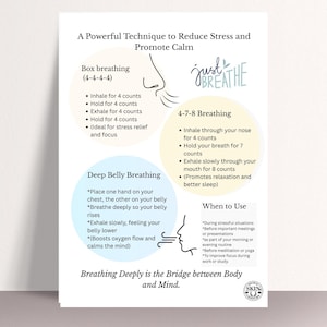 Könnte beinhalten: Ein weißes Poster mit Atemtechniken zur Stressreduzierung und Förderung der Ruhe. Es enthält Anweisungen für die Boxatmung, die 4-7-8-Atmung und die Bauchatmung. Der Text "just BREATHE" ist ebenfalls enthalten.