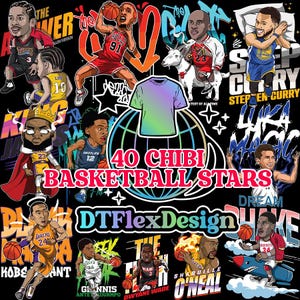 Può includere: Un design grafico con 40 stelle di basket chibi, tra cui Allen Iverson, Michael Jordan e Stephen Curry. Il design include il testo "40 Chibi Basketball Stars" e il logo DTFlexDesign, con una grafica di maglietta colorata.