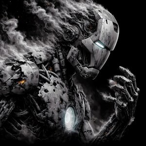 May include: A digital illustration of a robotic figure, rendered in shades of gray and white, against a black background. The robot's design incorporates intricate mechanical details, with smoke-like effects emanating from its form. The robot's hand is extended, and a glowing light is on its chest.