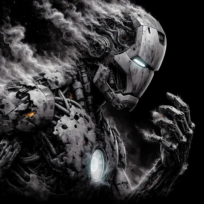 May include: A digital illustration of a robotic figure, rendered in shades of gray and white, against a black background. The robot's design incorporates intricate mechanical details, with smoke-like effects emanating from its form. The robot's hand is extended, and a glowing light is on its chest.