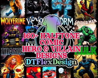 Paquete de más de 160 diseños de camisetas de héroes y villanos de cómics: imagen PNG de alta calidad de 300 DPI para DTF y sublimación (descarga digital)