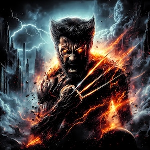 May include: Digital illustration of Wolverine, a character from the X-Men. The image features Wolverine with glowing orange eyes, claws extended, and surrounded by fiery energy. The background includes a cityscape and stormy sky.