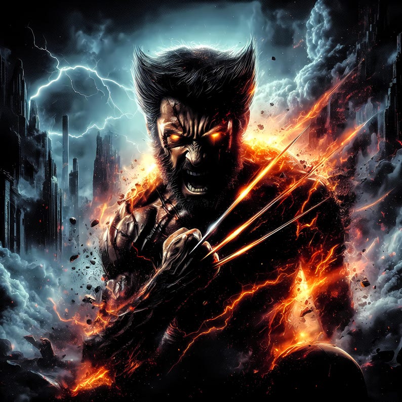 May include: Digital illustration of Wolverine, a character from the X-Men. The image features Wolverine with glowing orange eyes, claws extended, and surrounded by fiery energy. The background includes a cityscape and stormy sky.