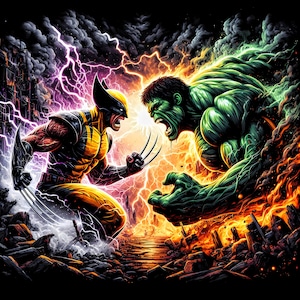 May include: Digital illustration of Wolverine and the Hulk facing off in a battle scene. Wolverine is in a yellow and black costume with claws extended. The Hulk is green and roaring. Lightning and fire surround them, with a destroyed cityscape in the background.