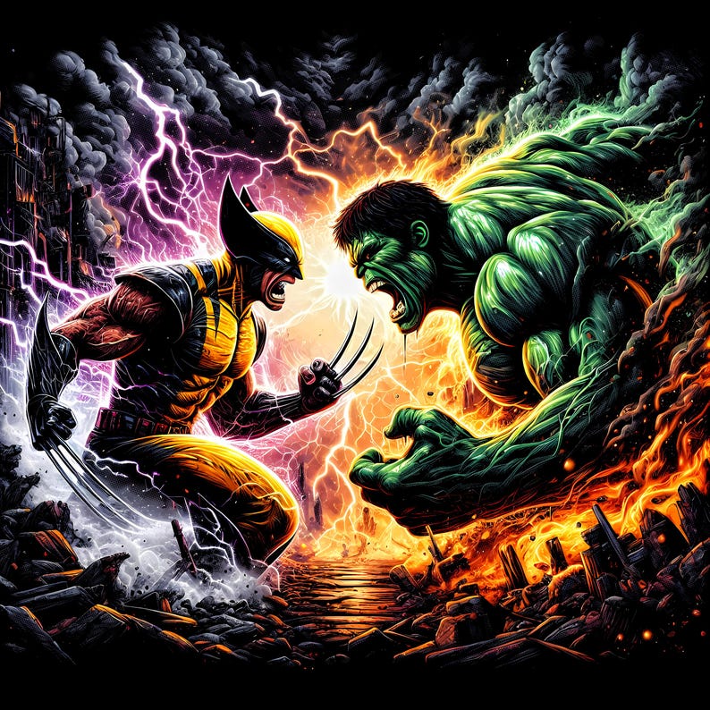 May include: Digital illustration of Wolverine and the Hulk facing off in a battle scene. Wolverine is in a yellow and black costume with claws extended. The Hulk is green and roaring. Lightning and fire surround them, with a destroyed cityscape in the background.