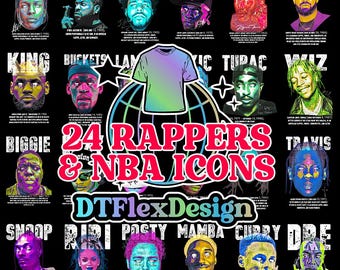World Wide Rappers and Basketball Icons 24 T-Shirt Design Bundle : High Quality 300 DPI png image for DTF and Sublimation - Digital Download