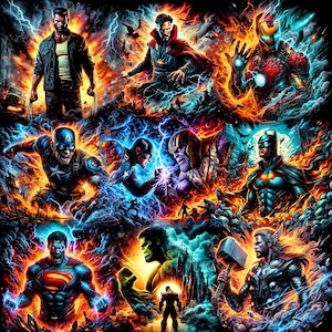 May include: A vibrant digital art print featuring multiple superheroes in action. The artwork showcases characters like Wolverine, Doctor Strange, Iron Man, Captain America, Batman, Superman, Hulk, and Thor, set against a backdrop of fiery and electric energy.
