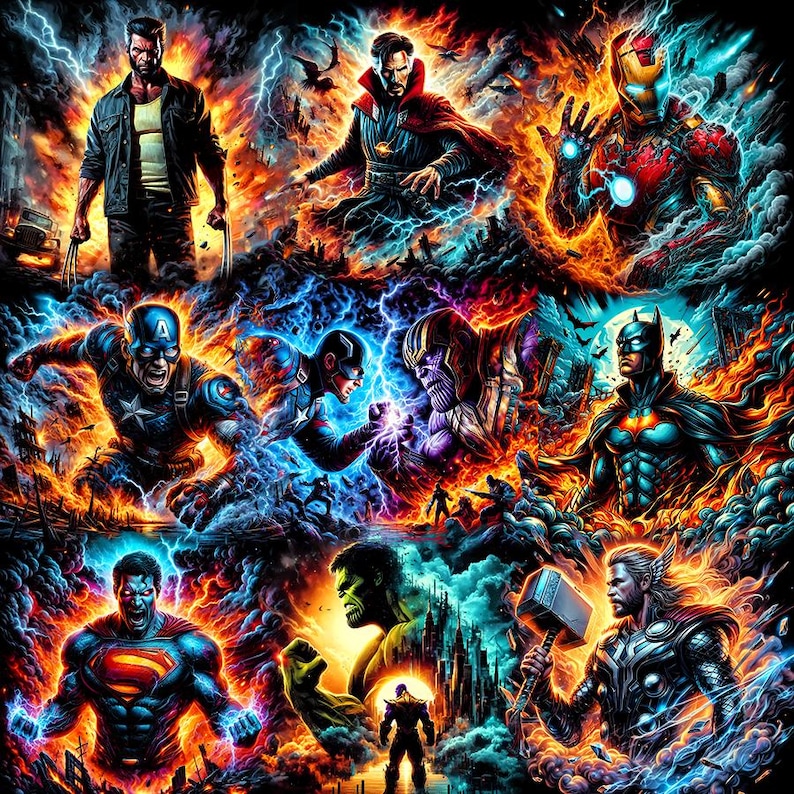 May include: A vibrant digital art print featuring multiple superheroes in action. The artwork showcases characters like Wolverine, Doctor Strange, Iron Man, Captain America, Batman, Superman, Hulk, and Thor, set against a backdrop of fiery and electric energy.