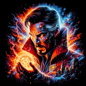 May include: Digital art of a man with a stern expression, surrounded by fiery orange and electric blue energy. He holds a glowing orb, with a cityscape in the background. The artwork has a comic book style.