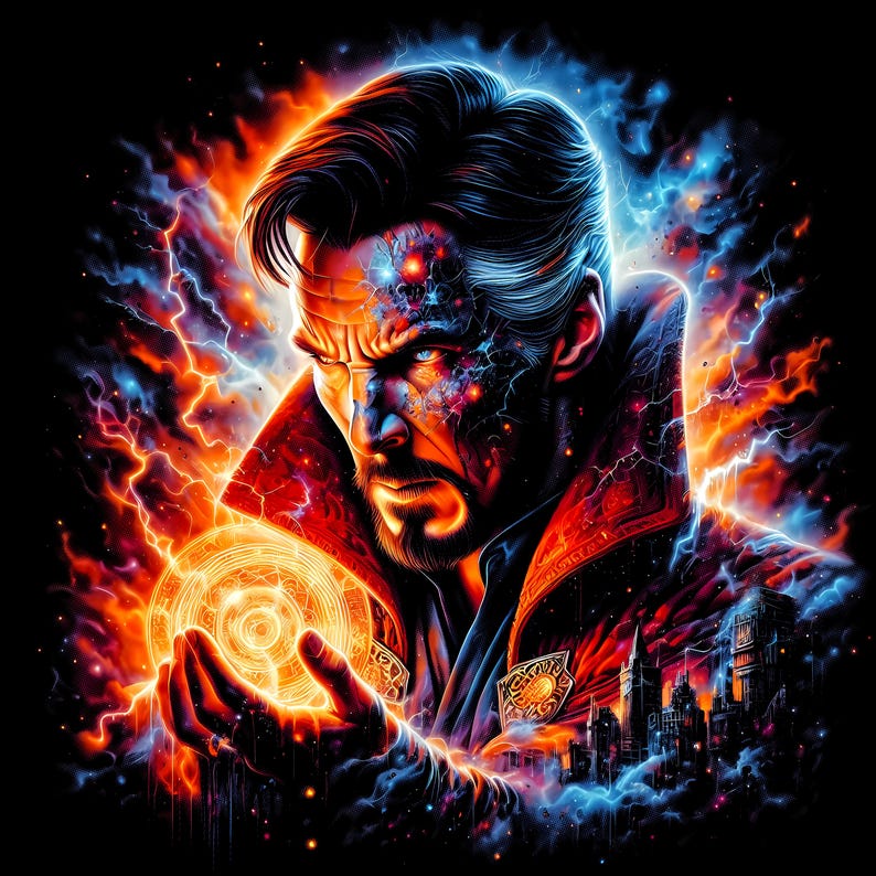 May include: Digital art of a man with a stern expression, surrounded by fiery orange and electric blue energy. He holds a glowing orb, with a cityscape in the background. The artwork has a comic book style.