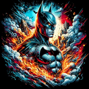May include: A digital illustration of Batman, the superhero, in a dynamic pose. The artwork features a detailed depiction of Batman's costume, with a bat symbol on his chest. The background includes a cityscape and stylized smoke effects in shades of blue, orange, and red.