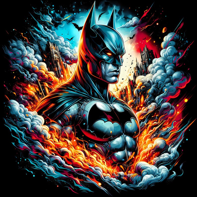 May include: A digital illustration of Batman, the superhero, in a dynamic pose. The artwork features a detailed depiction of Batman's costume, with a bat symbol on his chest. The background includes a cityscape and stylized smoke effects in shades of blue, orange, and red.
