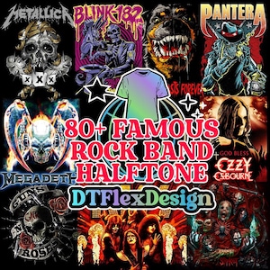 Rock Band Halftone 80+ T-Shirt Design Bundle : HQuality 300 DPI png image for DTF and Sublimation - Digital Download
