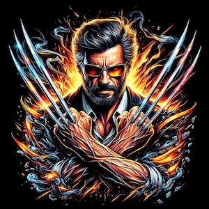 May include: Digital illustration of a man with a beard and sunglasses, holding three metal claws. The background features flames and smoke, with a black backdrop. The man is wearing a suit jacket and a white shirt.