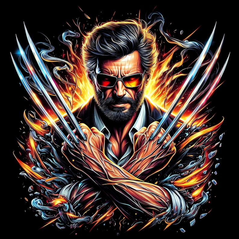 May include: Digital illustration of a man with a beard and sunglasses, holding three metal claws. The background features flames and smoke, with a black backdrop. The man is wearing a suit jacket and a white shirt.