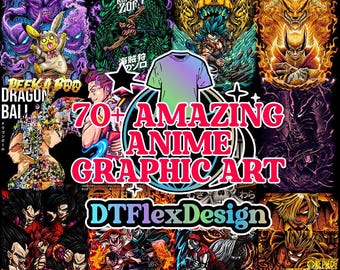 Paquete de más de 70 diseños de camisetas estilo anime kawaii con efecto semitono: imágenes PNG de alta calidad (300 DPI) para impresión directa a máquina y sublimación. Descarga digital.