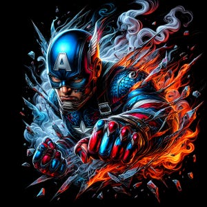 May include: Digital art of Captain America in a dynamic pose, breaking through a glass-like structure. The superhero is clad in a blue, red, and white costume, with a blue helmet featuring a white "A". Fiery orange and blue energy surrounds the figure against a black background.