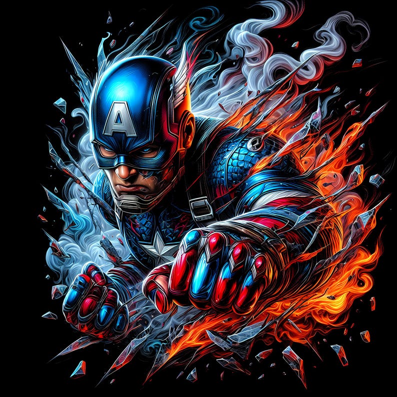 May include: Digital art of Captain America in a dynamic pose, breaking through a glass-like structure. The superhero is clad in a blue, red, and white costume, with a blue helmet featuring a white "A". Fiery orange and blue energy surrounds the figure against a black background.