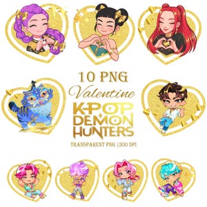 Może przedstawiać: Kolekcja dziewięciu ilustracji postaci K-Pop, każda w złotym, brokatowym sercu. Postacie mają różne kolory włosów i stroje. Tekst brzmi "10 PNG Valentine K-Pop Demon Hunters".
