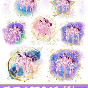 May include: Seven digital designs featuring three stylized figures in white outfits, each design within a different gold-accented frame. The designs include stars, circles, and a star shape, with the word "HUNTRIX" and the text "7 DESIGNS" in a purple banner.