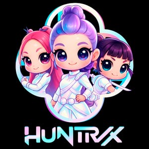 Peut inclure: Illustration de style anime avec trois personnages aux grands yeux et aux cheveux colorés. Ils portent des tenues blanches sur fond noir. Le mot "HUNTRAX" est affiché en bas.