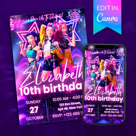 KPOP Girls Birthday invitation, k-pop theme hunter party editable invite, Demons birthday decor, Idol group printable invitation Canva